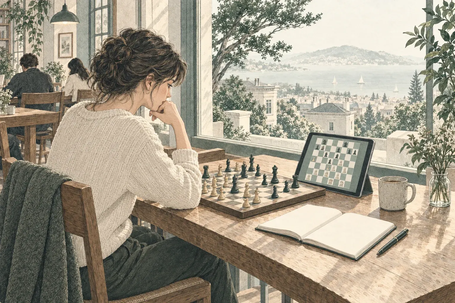Illustration of a player studying a position next to a real board