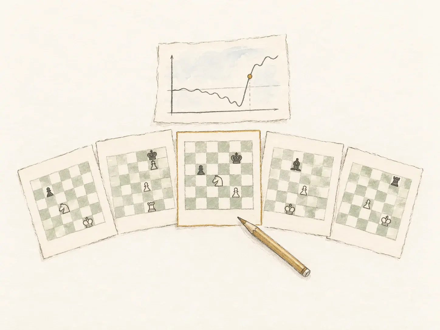 Hand-drawn chess study cards and an evaluation curve highlighting a turning point