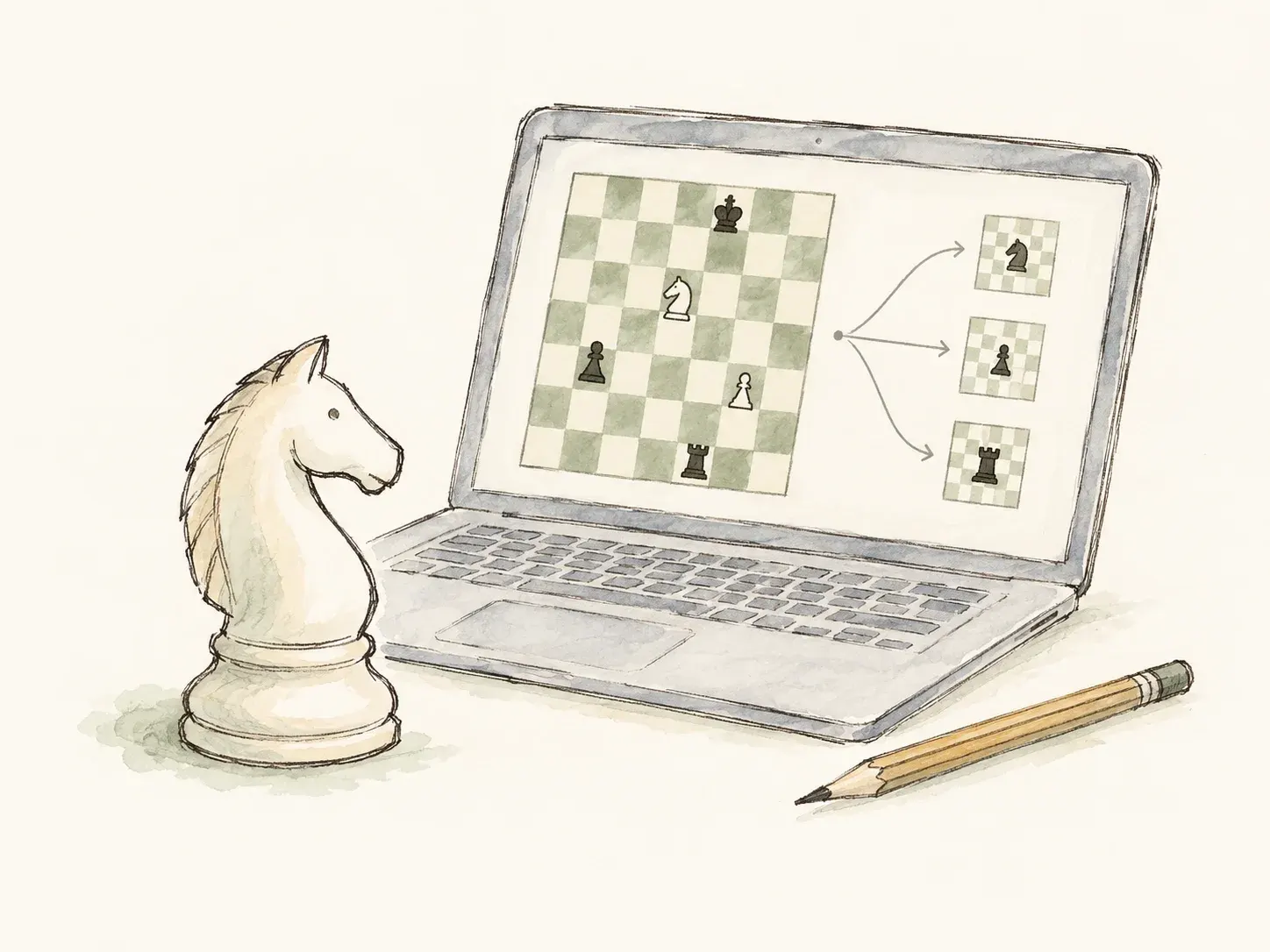 Hand-drawn laptop showing chess variations beside a knight and pencil