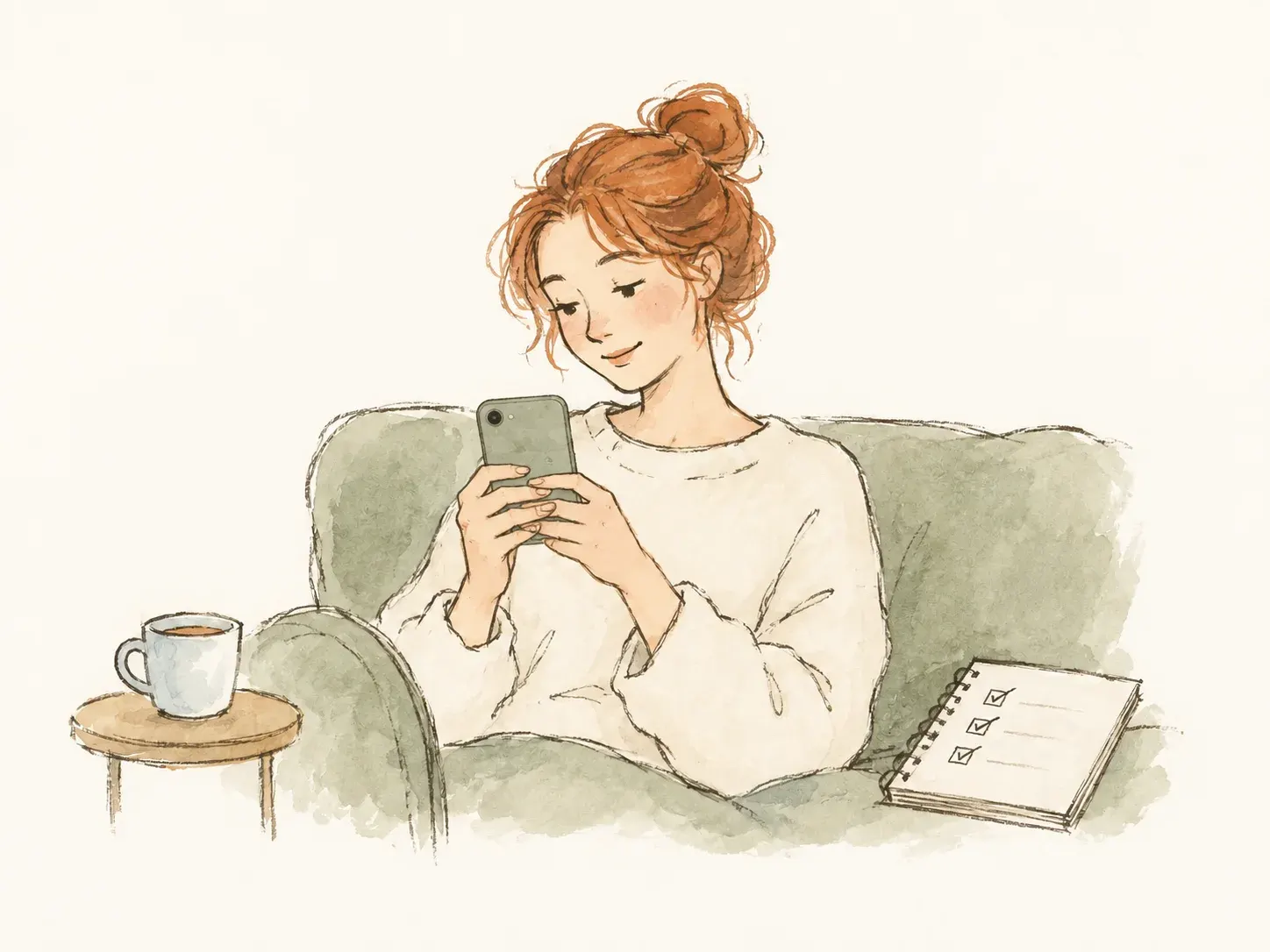 Hand-drawn woman using her phone on a sofa beside a notebook of completed puzzles