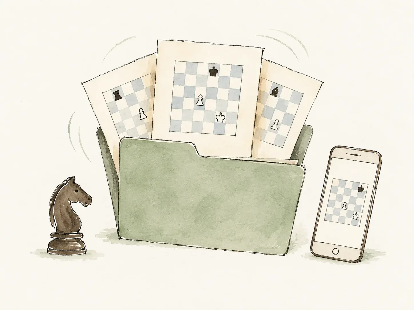 Hand-drawn folder gathering chess game records beside a phone and knight