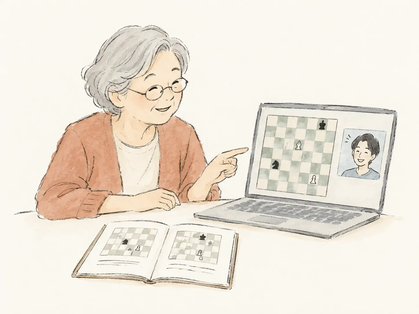Hand-drawn friends discussing a chess position on a laptop video call