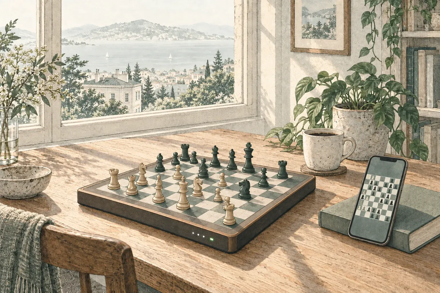 Illustration of an electronic chessboard on a table with a phone beside it