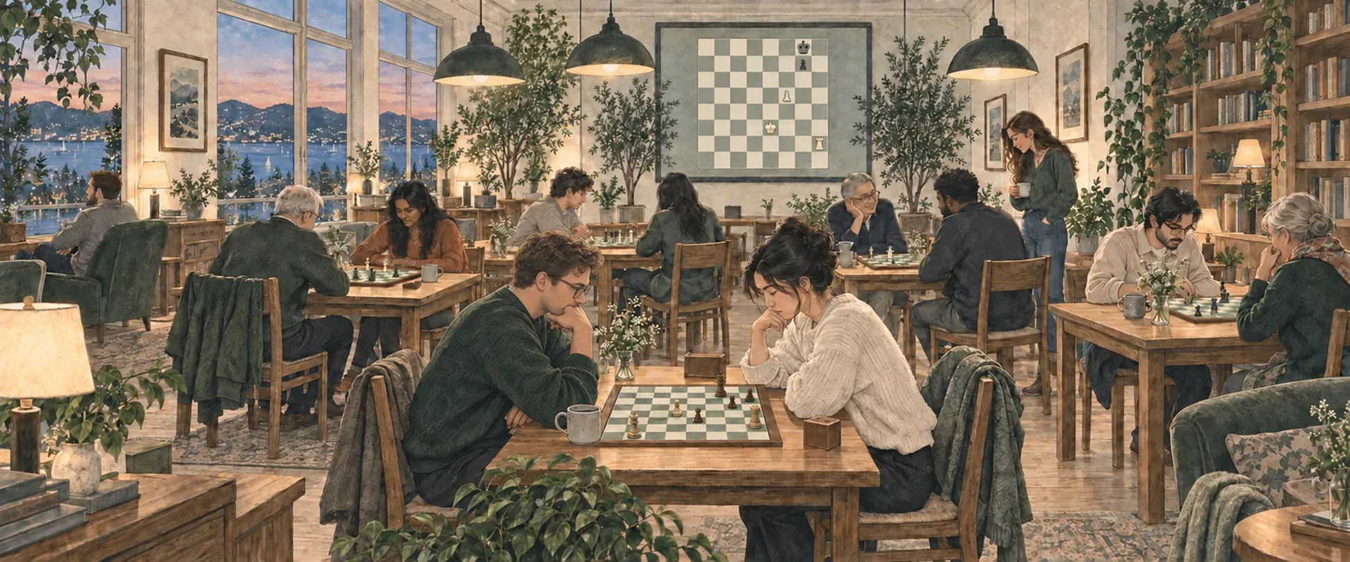 Illustration of a chess club evening with rows of boards and a screen showing the broadcast
