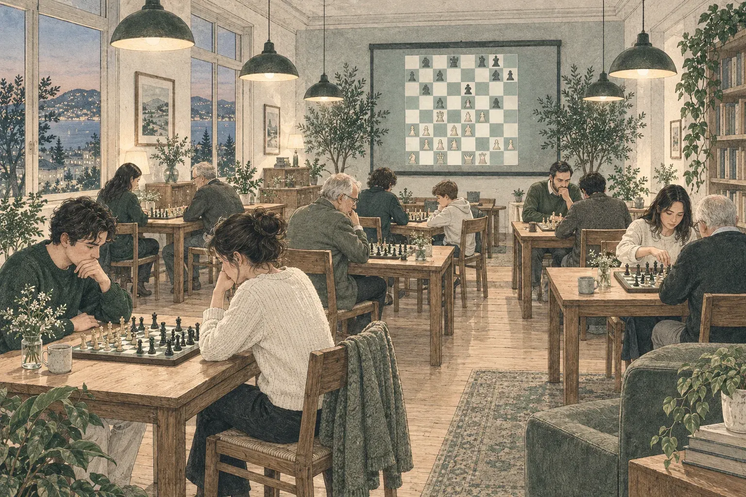 Illustration of a chess club evening: rows of boards, players and a screen showing the broadcast