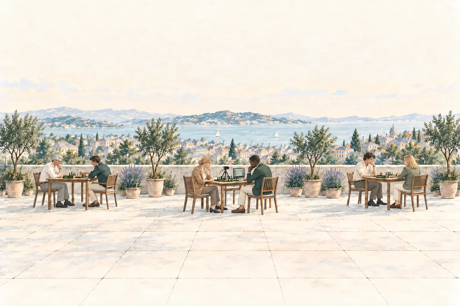 Ink and watercolour illustration of six elegantly dressed people playing chess on a sunny rooftop terrace, with a blonde woman and a Black man at the central streaming board and a bay-side city behind