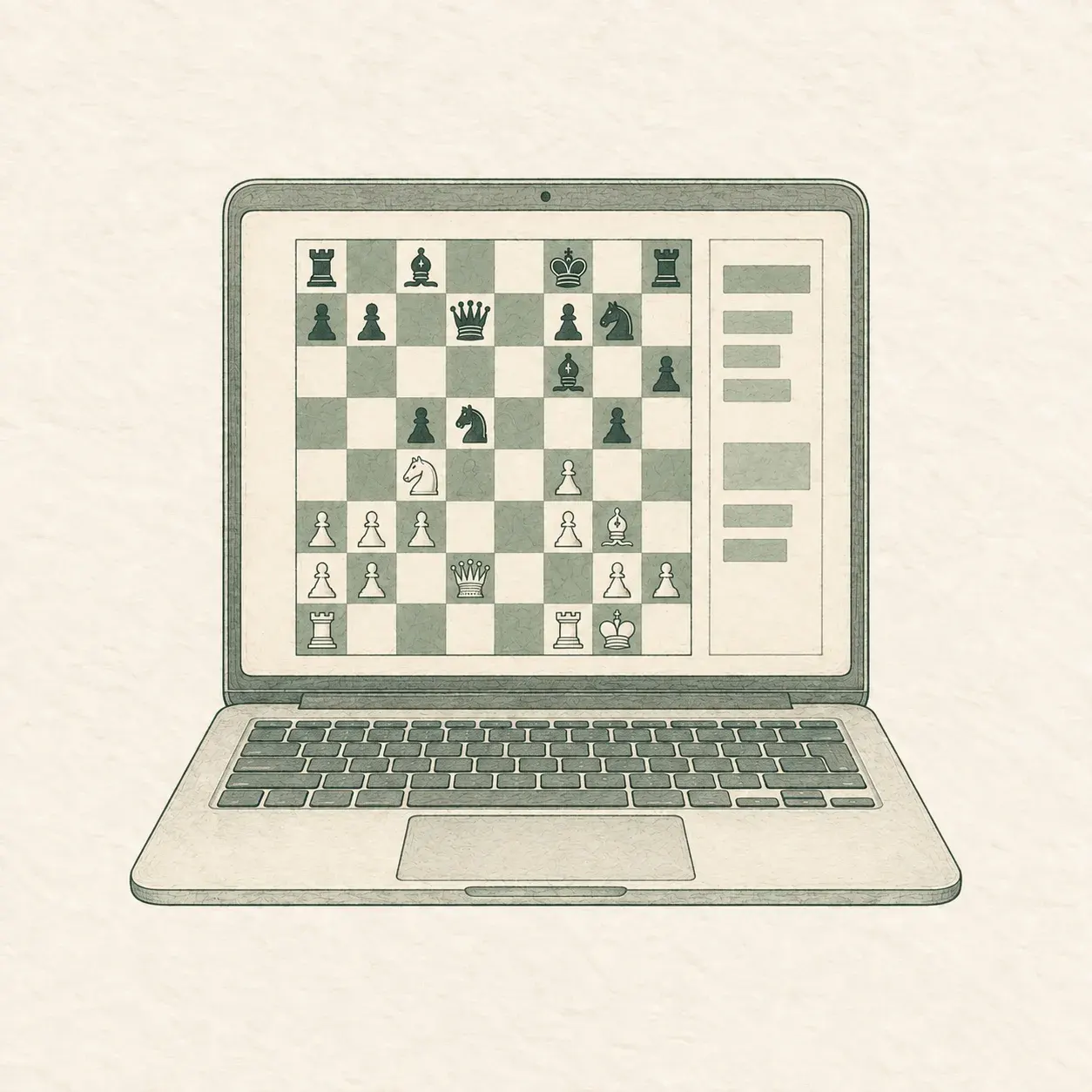 Illustration of a laptop showing a chess board with a sidebar