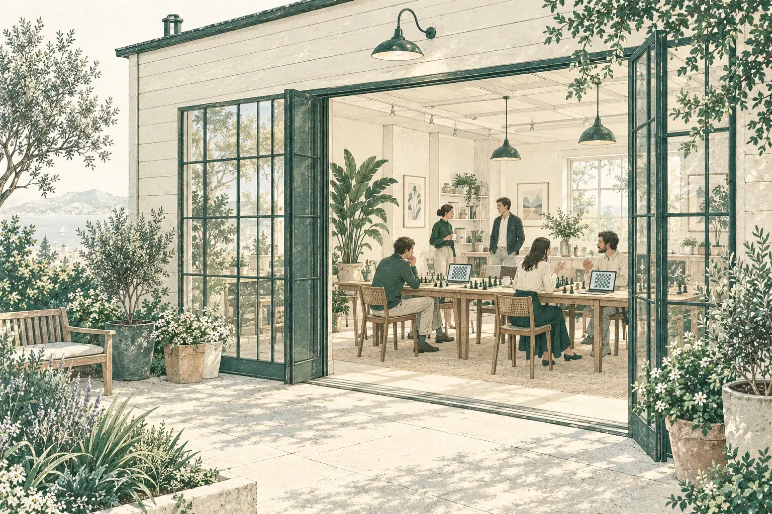 Illustration of a bright studio with people at a long table with chessboards and laptops