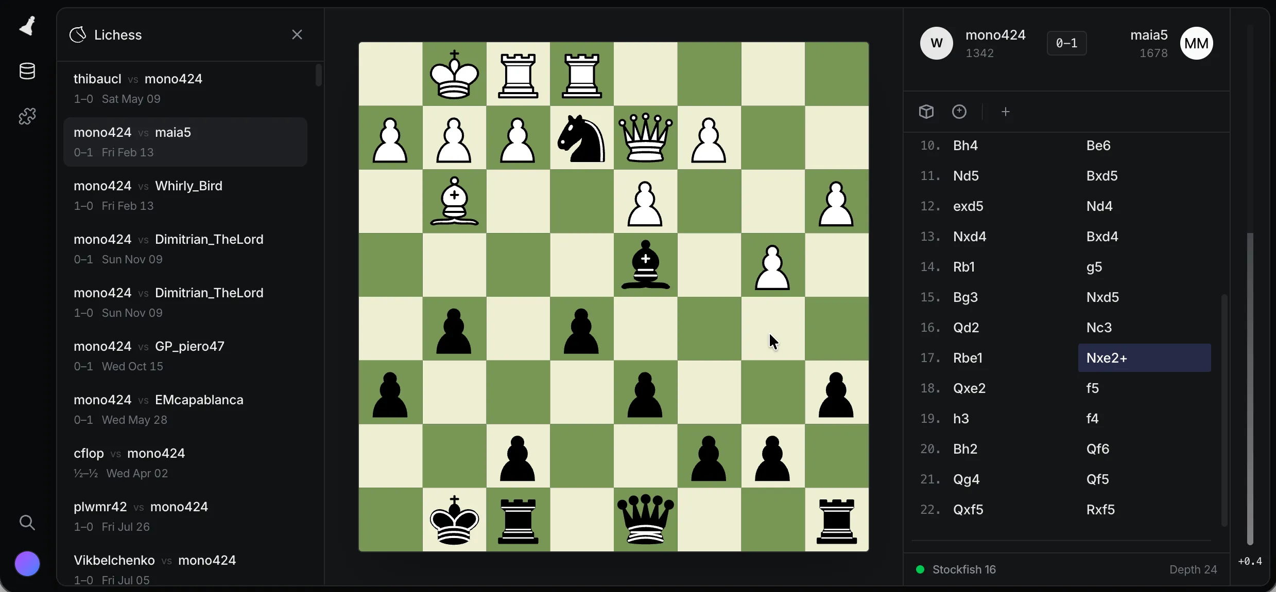 Engine analysis of a game in WhitePawn Web